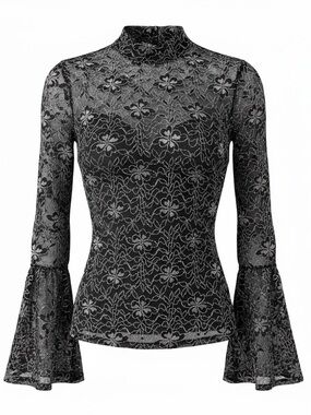 Anne Fontaine Black Silver Metallic Lace Mock Neck Bell Sleeve Top EU 36 US 4